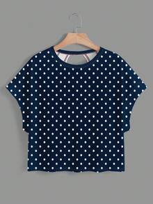 SHEIN Essnce Camiseta holgada de mujer de cuello redondo, sin espalda y bajo asimétrico, adecuada para el verano - Azul Marino - Ver 2