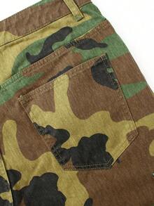 Manfinity Roghcode 2026 New Vintage American Casual Men's Camo Multi-Pocket Washed Soft Denim Shorts, Versatile Daily Wear Fits All Body Types - Multicolor - View 4