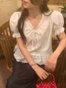 DAZY 女士蕾丝边休闲花瓣袖优雅法式衬衫 - 白色 - 查看 1