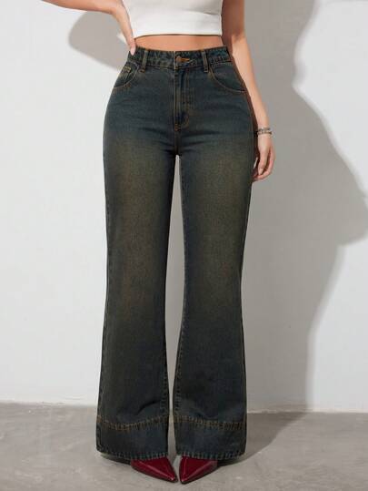 SHEIN Tall Damen High Waist Jeans mit Taschen und weitem Bein, lässig und vielseitig, für Sommer und Frühling, Valentinstag, Hochzeit, elegante Denimjeans