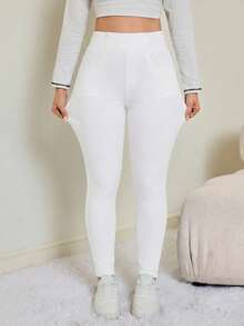 SHEIN Tall 女士休闲水洗高腰修身牛仔裤 秋冬款 弹性腰带 高弹舒适面料 深色水洗紧身牛仔裤 - 白色 - 查看 2