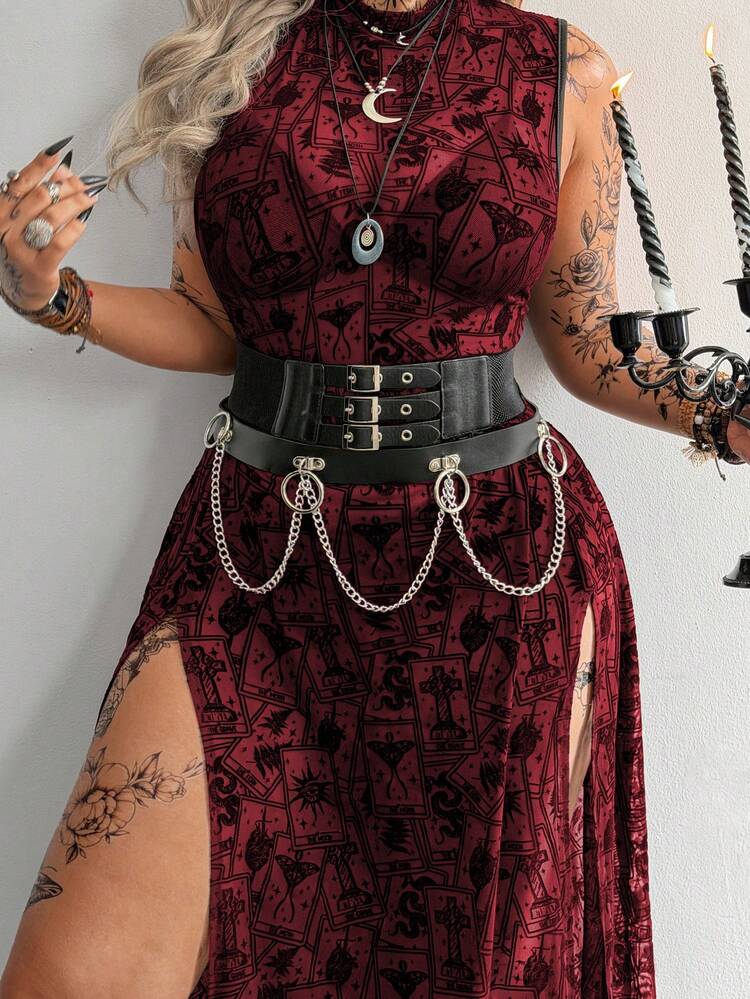 Whyspr Vestido negro asimétrico con abertura alta y transparente - Burdeos - Añade 3