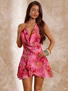 SHEIN BAE Summer Boho Floral Pink Leopard Print Draped Neck Backless Mini Dress, Elegant Vacation Holiday Beach Party Chiffon Dress For Women's Birthday - Pink - View 5
