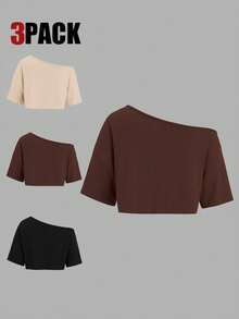 Sweetra 3 chiếc áo thun ngắn tay cổ lệch dáng crop dành cho nữ, phong cách thường ngày thanh lịch, thích hợp mặc đi làm, mùa hè. - Nhiều màu - Xem 2