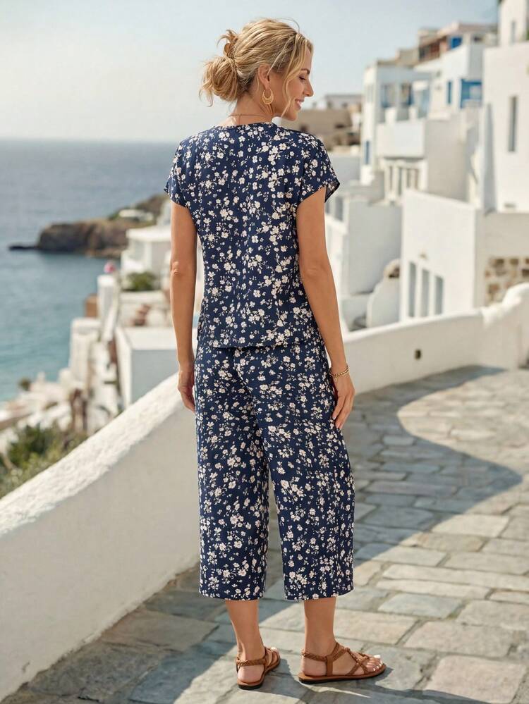 Ditsy Floral Print Blouse & Wide Leg Pants