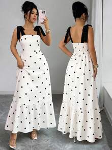 SHEIN Elenzya 春夏新款收腰黑白波点无袖长连衣裙 - 彩色 - 查看 6