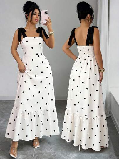 SHEIN Elenzya Đầm dài không tay chấm bi đen trắng, thắt eo, hàng mới về mùa Xuân/Hè dành cho nữ.