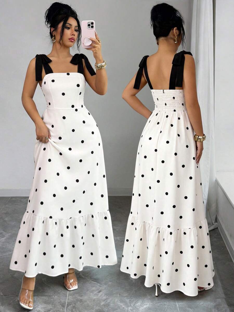 SHEIN Elenzya 春夏新款收腰黑白波点无袖长连衣裙 - 彩色 - 查看 1