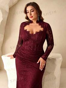 Coutiva Plus Size Lace Collar Long Sleeve Maxi Formal Evening Gown (Heavily Embellished) - Burgundy - View 3
