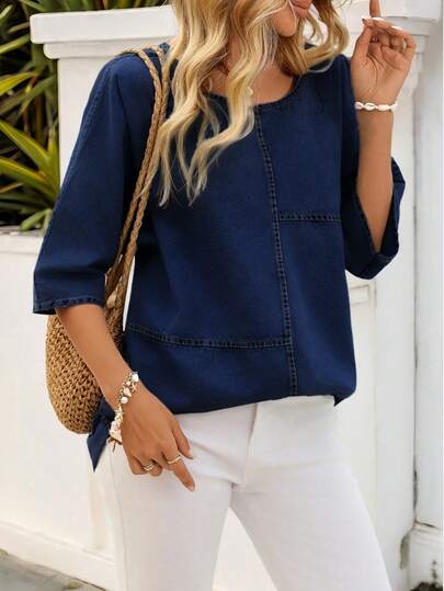 SHEIN Mature Denim بلوزة جينز كاجوال بأكمام ثلاثة أرباع للنساء كبيرات الحجم