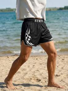 Solantero Men's Casual Letter Print Shorts, Summer - Black - View 1