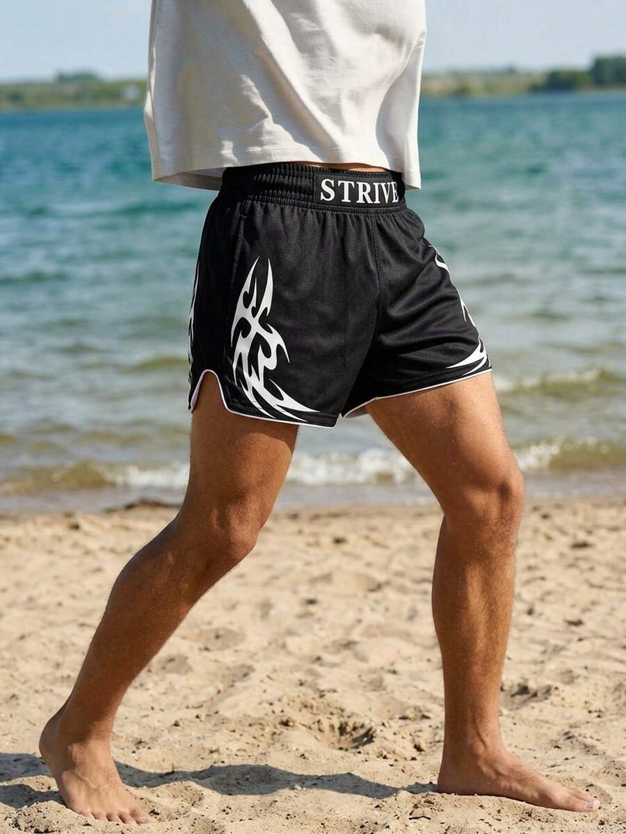 Solantero Men's Casual Letter Print Shorts, Summer - Black - View 1
