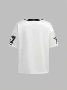 Girlism Tricou Tween pentru fete, negru, alb, stil american, cu slogan digital, casual, cu dungi, decolteu în V, umăr gol, tricou lejer și tricou cu grafică numerică, asortat cu pantaloni cargo cool cu picior drept și buzunar, set din 2 piese, ținută la modă pentru primăvară, vară, toamnă, set ținută de vacanță de vară - Alb-negru - Vizualizare 7