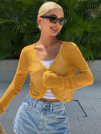 Livesso Áo khoác cardigan nữ tay dài dáng ngắn màu trơn, nhẹ nhàng, thích hợp cho mùa hè.