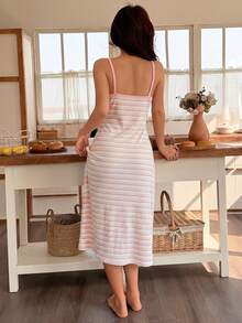 Napfluff Striped Print Contrast Trim 2 In 1 Design Fitted Women Nightgown - Pink - View 2