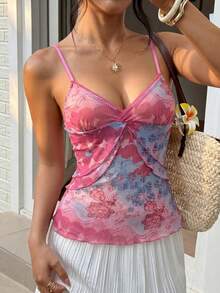 Sunnyshic Áo hai dây nữ in họa tiết ombre, viền bèo nhún - Màu Hồng Tươi - Xem 5