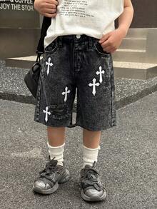 Quần short denim rách có túi in hình chữ thập dành cho bé trai. - màu đen - Xem 1