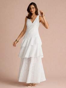 Đầm nữ thanh lịch màu trơn thêu họa tiết nhiều lớp không tay, kiểu dáng mùa hè. - trắng - Xem 3