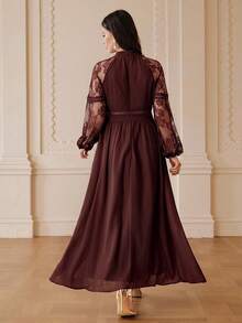 ZEYLAH Elegant Romantic Lace Patchwork Flare Sleeve Fitted A-Line Dress, Spring/Summer - Coffee - View 3