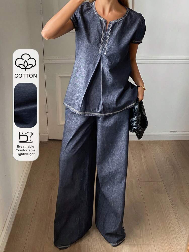 Women's Round Neck Short Sleeve Denim Top And Loose Straight Leg Jeans Casual Vacation Outfit