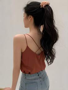 DAZY 女款純色垂領時尚細肩帶背心 夏季 - 棕色 - 查看 4