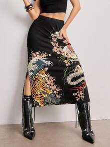 ROMWE Avant 1pc Dark Punk Music Festival High Slit Tiger & Dragon Print Chic Summer Vacation New Chinese Style Skirt For Women - Black - View 1
