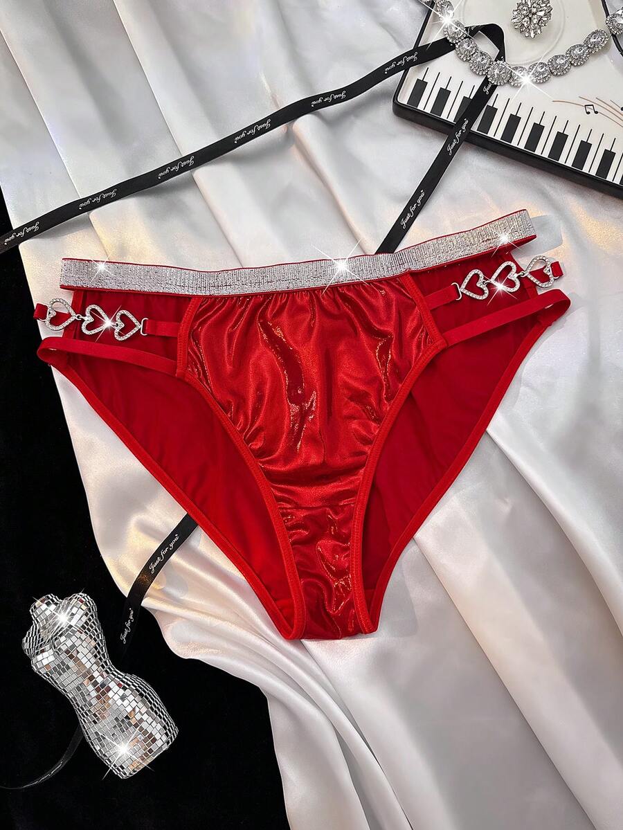 Tanga de mujer con cadena de strass con forma de corazón, ropa interior tipo tanga con cinta brillante de plata - Rojo - Ver 1