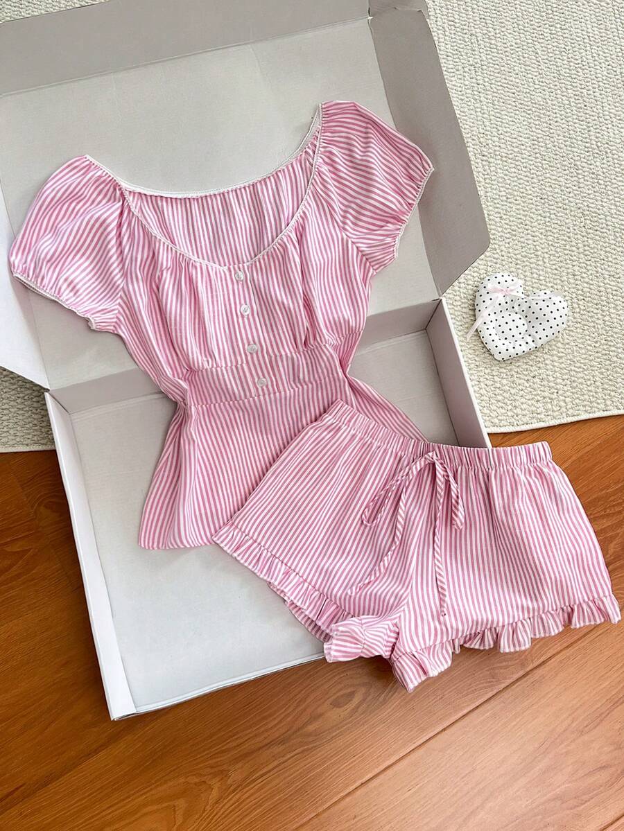 Elamini Französischer Retro-Süßes-Mädchen-Frisch-Alltags-Ausflug-Campus-Outfit-Zuhause-Lässig-Top: Puffärmeliges Crop-Top mit Kragen, Knopfleiste; Unterteil: Hose mit Rüschensaum-Dekor, Frühling Sommer Herbst rosa & weiß gestreiftes 2-teiliges Set für Frauen - Pink - Übersicht 1
