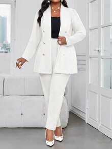 SHEIN Lady CURVE Bộ đồ công sở thanh lịch mùa thu đông màu hồng dệt kim cổ đứng cài vàng tay dài, cỡ lớn, áo khoác lông giả màu trắng. - trắng - Xem 7