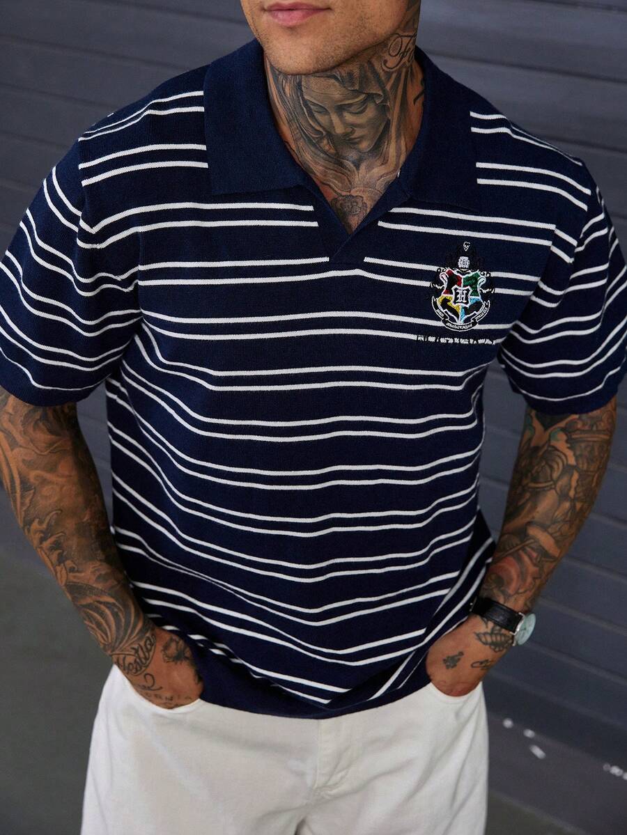 Men's Striped Short Sleeve Embroidered Badge Knit Top - Multicolor - View 1