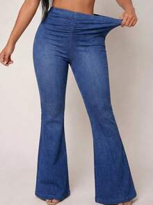 SHEIN SXY Denim Effect Slim-Fitting Sexy Butt-Lifting Flared Pants With Gathered Back Waist - Blue - View 1