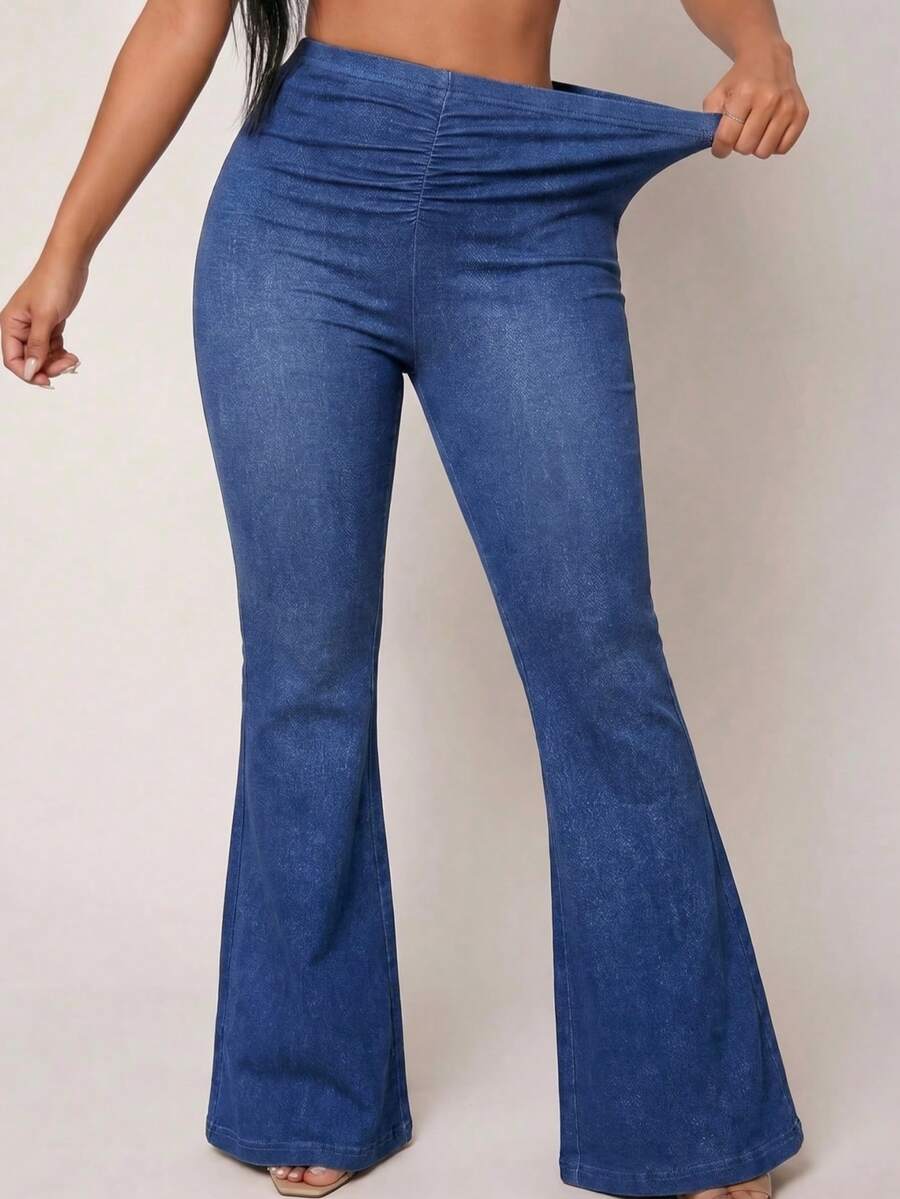 SHEIN SXY Denim Effect Slim-Fitting Sexy Butt-Lifting Flared Pants With Gathered Back Waist - Blue - View 1