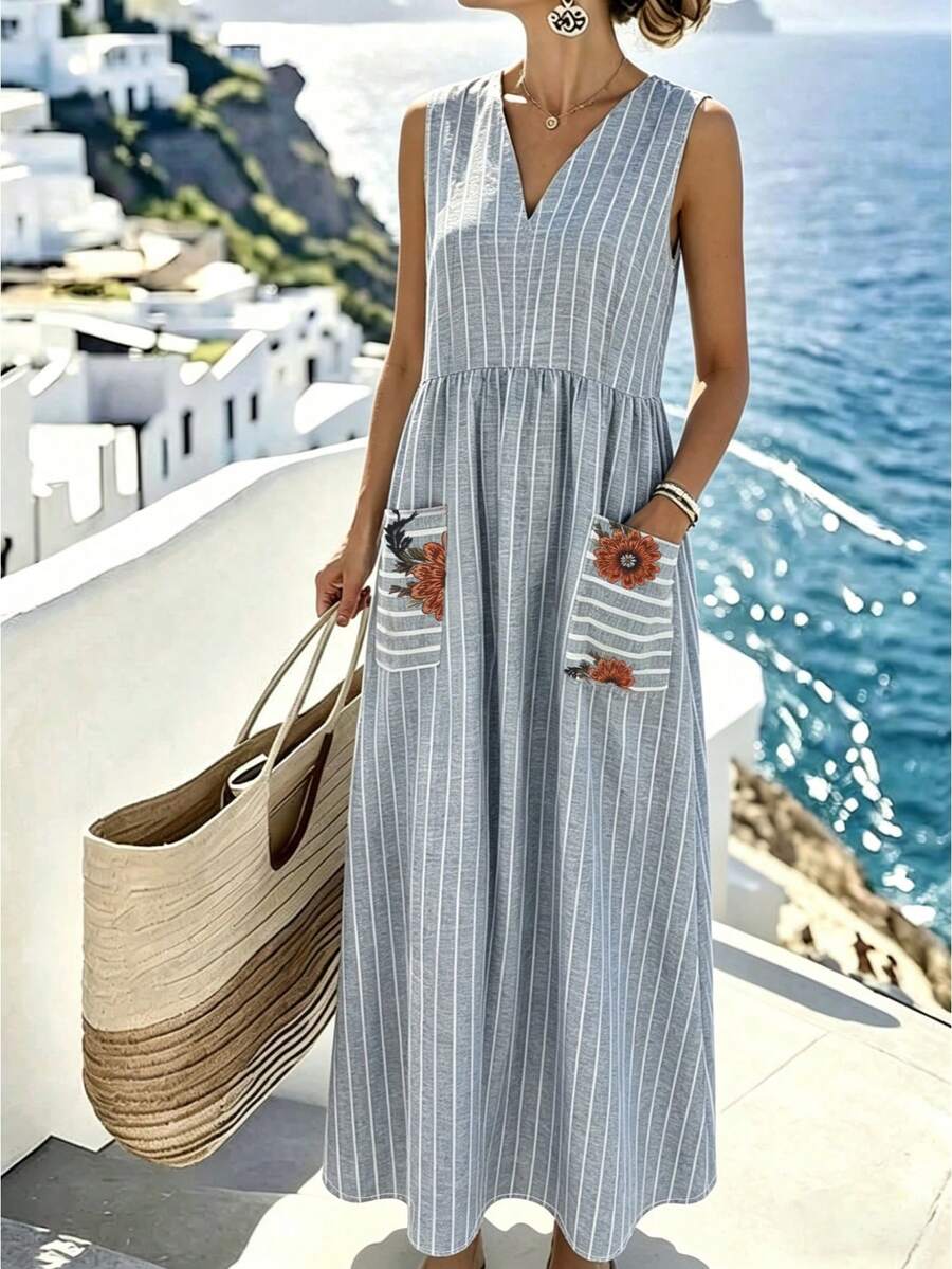 SHEIN Holidaya Đầm rộng rãi, dáng suông, cổ chữ V, in họa tiết sọc, chất liệu giả vải lanh, thích hợp mặc đi biển mùa hè 2026. - Nhiều màu - Xem 1
