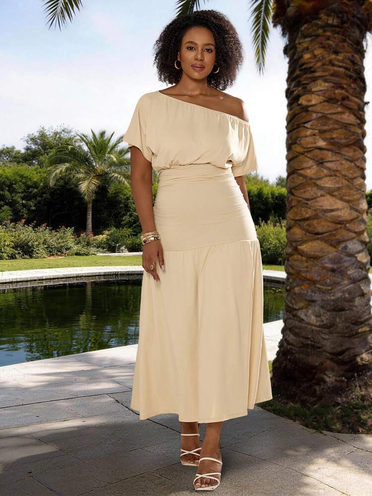 Plus Size Summer Vacation Minimalist Solid Color Asymmetrical Shoulder Split Waist Dress