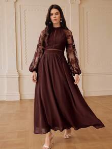 ZEYLAH Elegant Romantic Lace Patchwork Flare Sleeve Fitted A-Line Dress, Spring/Summer - Coffee - View 4