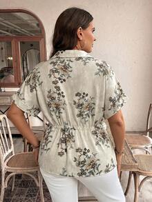 Weeklong Women's Plus Size Beige Summer Boho Vacation Jacquard Dress,Drawstring Waist A-Line Silhouette,Short Sleeve Vintage Fabric Concealing Waist - Apricot - View 2