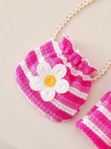 SHEIN Playful Pals 女童两件套：钩针编织橙白条纹背带裙上衣，饰有3D雏菊图案，搭配短裤和斜挎包，可爱风格，适合日常休闲和度假穿着，夏季必备 - 粉色 - 查看 6