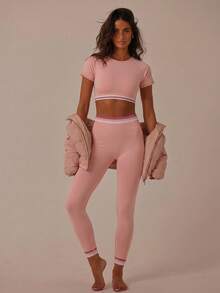 Aralina Women's Striped Raglan Short Sleeve Cropped T-Shirt And Leggings Sports Suit - Pink - View 2
