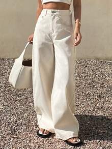 DAZY Damen Hose mit dekorativer Taille und weitem Bein, lässige Stadtjeans für den Sommer - Aprikosenfarben - Übersicht 3