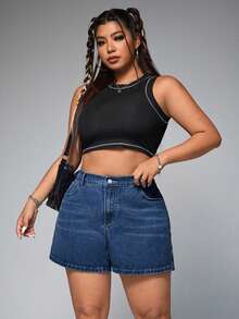 SHEIN ICON Plus Size Women Straight Loose Casual Denim Shorts - Dark Wash - View 3