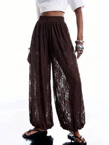 LYSMO 2026 New Minimalist Spring/Summer Women's Elastic Waist Lace Loose Lantern Pants, Coffee Brown - Coffee Brown - View 4