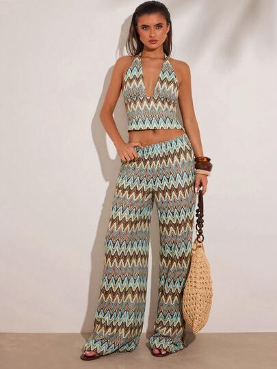 SHEIN BAE Women's Crochet Colorful Striped Low-Waist Loose Wide-Leg Pants, Suitable For Summer Wear, Can Be Worn For Beach Vacation, French Riviera Vacation, Italian Vacation, Casual Vacation, Island Vacation, Honeymoon Travel And Other Occasions