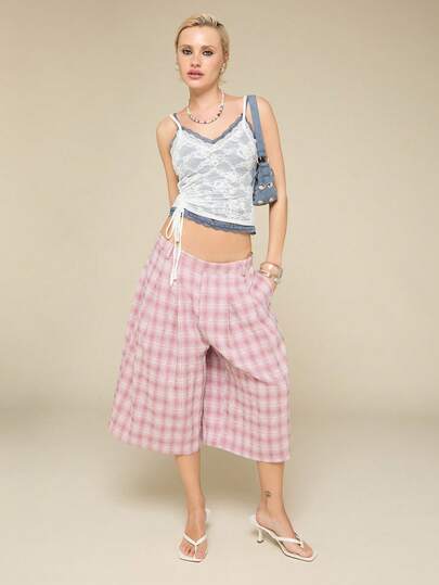 COUREZ Low Rise Oversized Check Shorts /Summer Outfits For Women Vacation /Street Casual/Y2K/Leisure Music Festival Summer Shorts Summer Outfits For Women