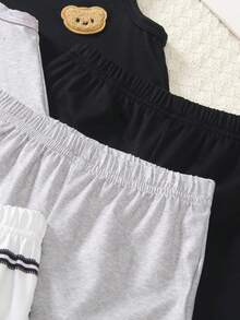 SHEIN Playful Pals 3件套男婴/中性婴幼儿新生儿0-3岁条纹纯色三件套，包括圆领无袖背心、小熊刺绣上衣和短裤，休闲可爱夏季套装，适合日常外出。 - 彩色 - 查看 5