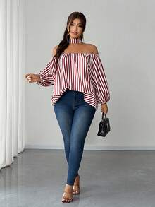 SHEIN Elenzya Áo kiểu mùa hè cỡ lớn mới, hở vai, kẻ sọc, thiết kế kiểu Pháp Niche, tay áo cánh hoa. - Đỏ - Xem 3