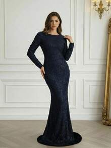 Modelyn Damen Abendkleid mit rundem Ausschnitt, langem Arm und figurbetonter Form (verziert) - Schwarz - Übersicht 6