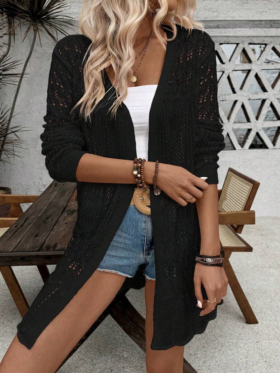 SHEIN LUNE Áo khoác cardigan dài tay nữ màu trơn, kiểu dáng casual, khoét lỗ - màu đen - Xem 1
