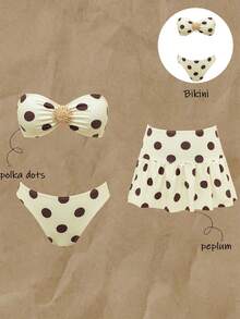 Bellisia Conjunto de bikini de 3 piezas con estampado de lunares y decoración de estrella de mar para mujer, top de bikini halter con espalda descubierta y minifalda a juego con volantes, adecuado para la playa, la natación y las vacaciones - Multicolor - Ver 6