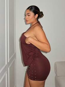 女士棕色串珠装饰连衣裙 - 咖啡 - 查看 5