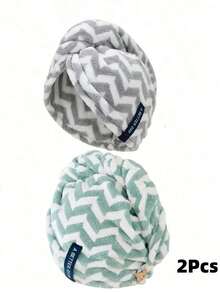 Zazumi 1Pc/2Pcs Hair Drying Cap, For Home Bathing, Washing And Grooming, Daily Universal Style, Coral Fleece Microfiber, Thick, Soft, Water-Absorbent, Breathable, Skin-Friendly, Non-Stuffy, Cute Striped Design - Multicolor - View 7